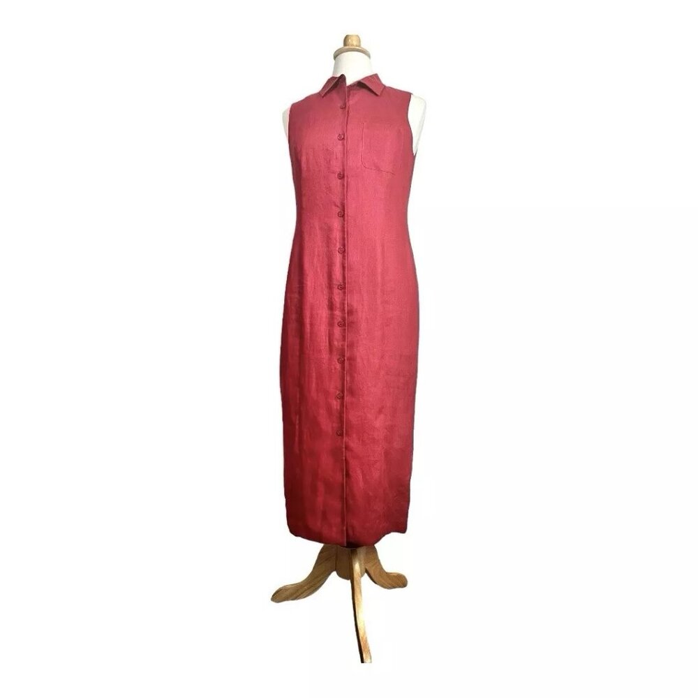 Talbots Irish Linen Maxi Dress 10 P Petites Red Button Front Collar Lined